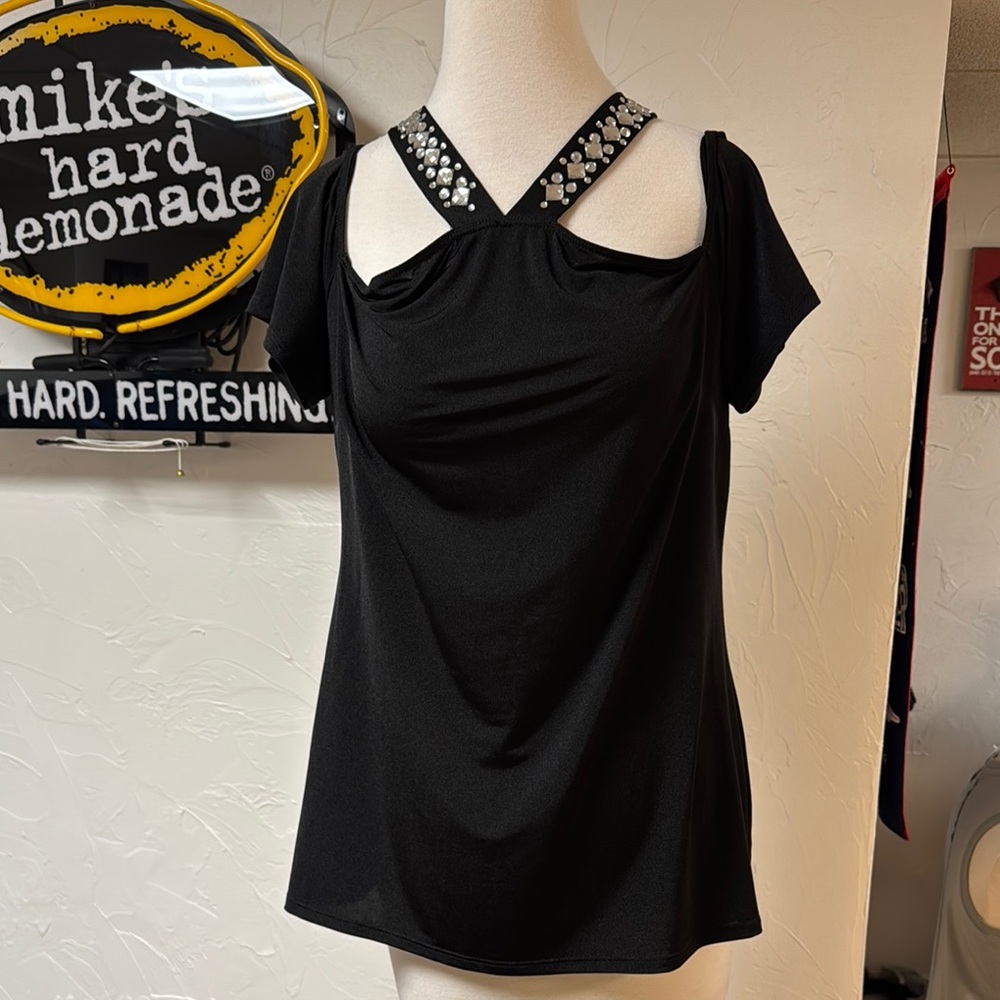 Check It Out , Black Embellished Women's Cold Shoulder top